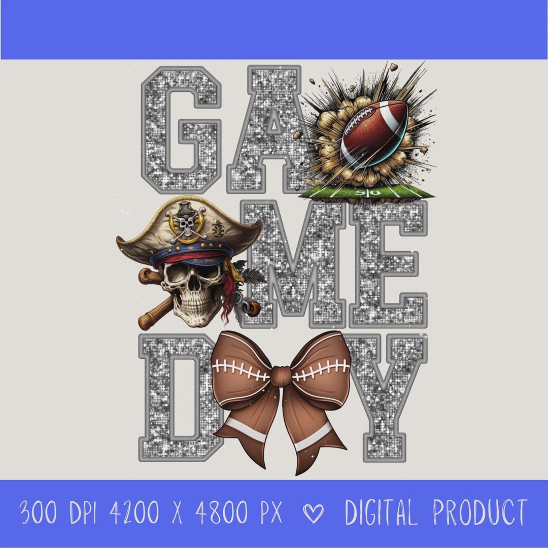 High-resolution Game Day Pirates football PNG digital download with transparent background, silver glitter varsity lettering, football graphic, pirate mascot, football bow, 4200 x 4800 pixels, and 300 DPI for sublimation and printable crafts.