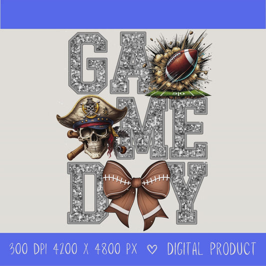 High-resolution Game Day Pirates football PNG digital download with transparent background, silver glitter varsity lettering, football graphic, pirate mascot, football bow, 4200 x 4800 pixels, and 300 DPI for sublimation and printable crafts.