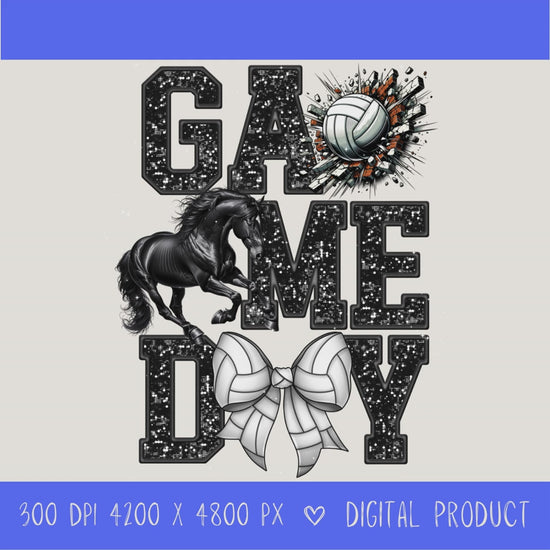 High-resolution Game Day Mustangs volleyball PNG digital download with transparent background, black glitter varsity lettering, volleyball graphic, mustang mascot, volleyball bow, 4200 x 4800 pixels, and 300 DPI for sublimation and printable crafts.
