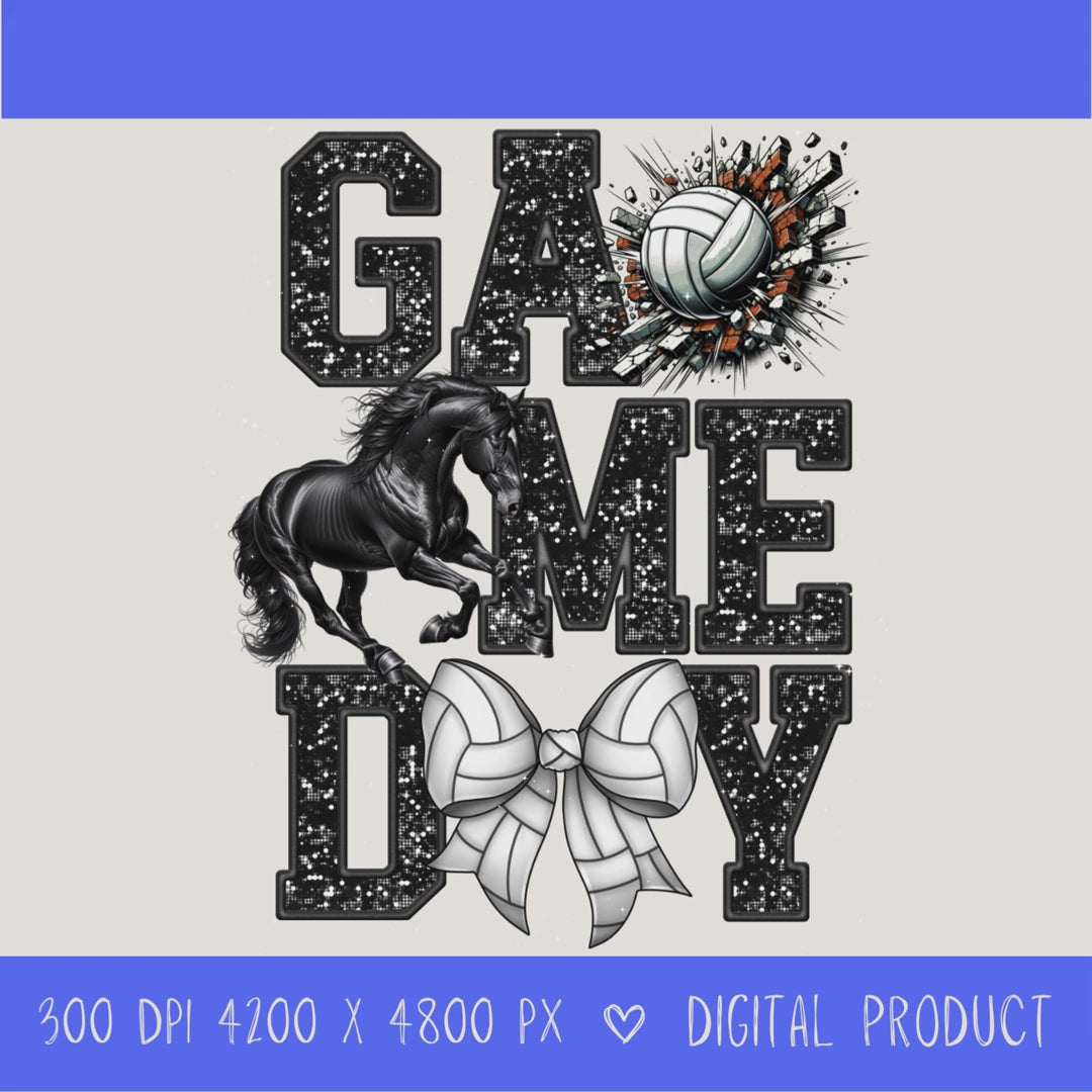 High-resolution Game Day Mustangs volleyball PNG digital download with transparent background, black glitter varsity lettering, volleyball graphic, mustang mascot, volleyball bow, 4200 x 4800 pixels, and 300 DPI for sublimation and printable crafts.
