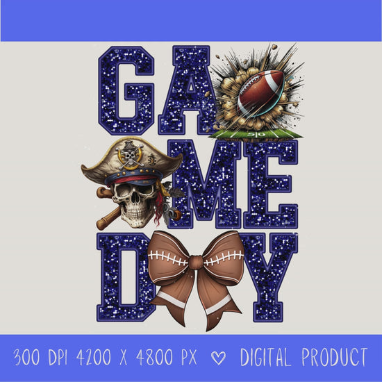 High-resolution Game Day Pirates football PNG digital download with transparent background, navy glitter varsity lettering, football graphic, pirate mascot, football bow, 4200 x 4800 pixels, and 300 DPI for sublimation and printable crafts.