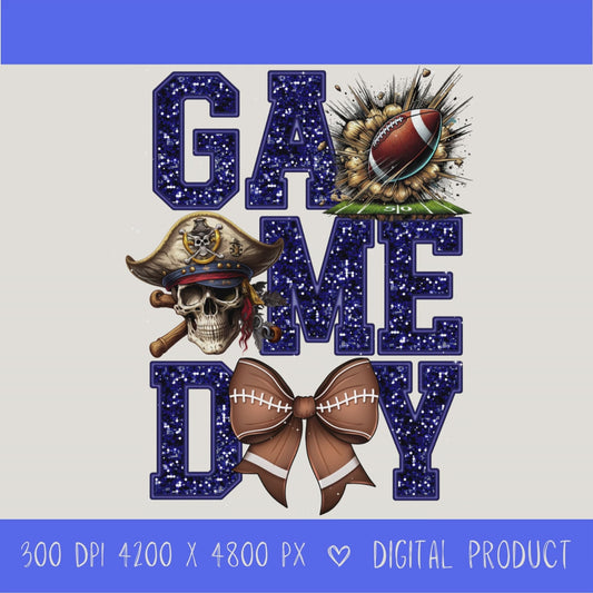 High-resolution Game Day Pirates football PNG digital download with transparent background, navy glitter varsity lettering, football graphic, pirate mascot, football bow, 4200 x 4800 pixels, and 300 DPI for sublimation and printable crafts.