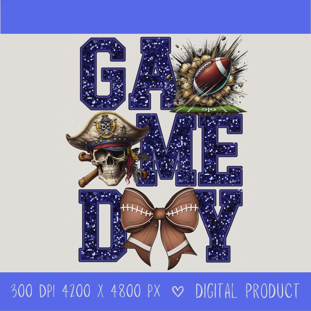 High-resolution Game Day Pirates football PNG digital download with transparent background, navy glitter varsity lettering, football graphic, pirate mascot, football bow, 4200 x 4800 pixels, and 300 DPI for sublimation and printable crafts.