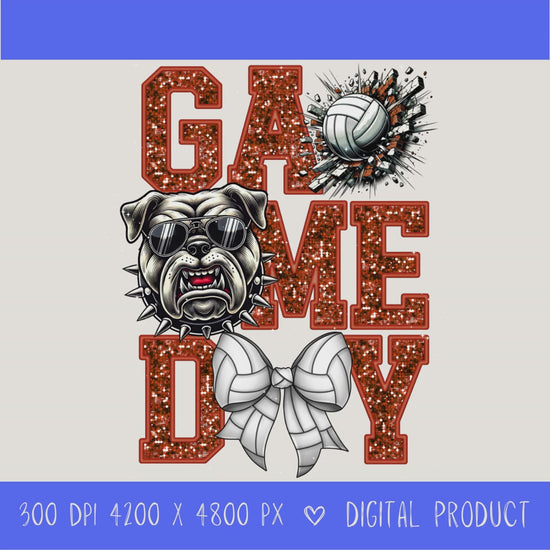 High-resolution Game Day Bulldog  volleyball PNG digital download with transparent background, orange glitter varsity lettering, volleyball graphic, bears mascot, volleyball bow, 4200 x 4800 pixels, and 300 DPI for sublimation and printable crafts.