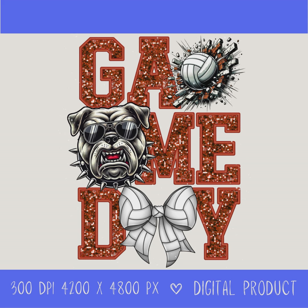 High-resolution Game Day Bulldog  volleyball PNG digital download with transparent background, orange glitter varsity lettering, volleyball graphic, bears mascot, volleyball bow, 4200 x 4800 pixels, and 300 DPI for sublimation and printable crafts.