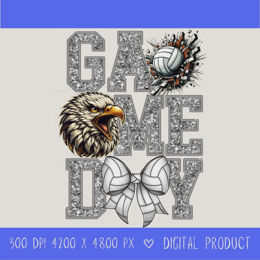 High-resolution Game Day Eagles volleyball PNG digital download with transparent background, silver glitter varsity lettering, volleyball graphic, eagles mascot, volleyball bow, 4200 x 4800 pixels, and 300 DPI for sublimation and printable crafts.