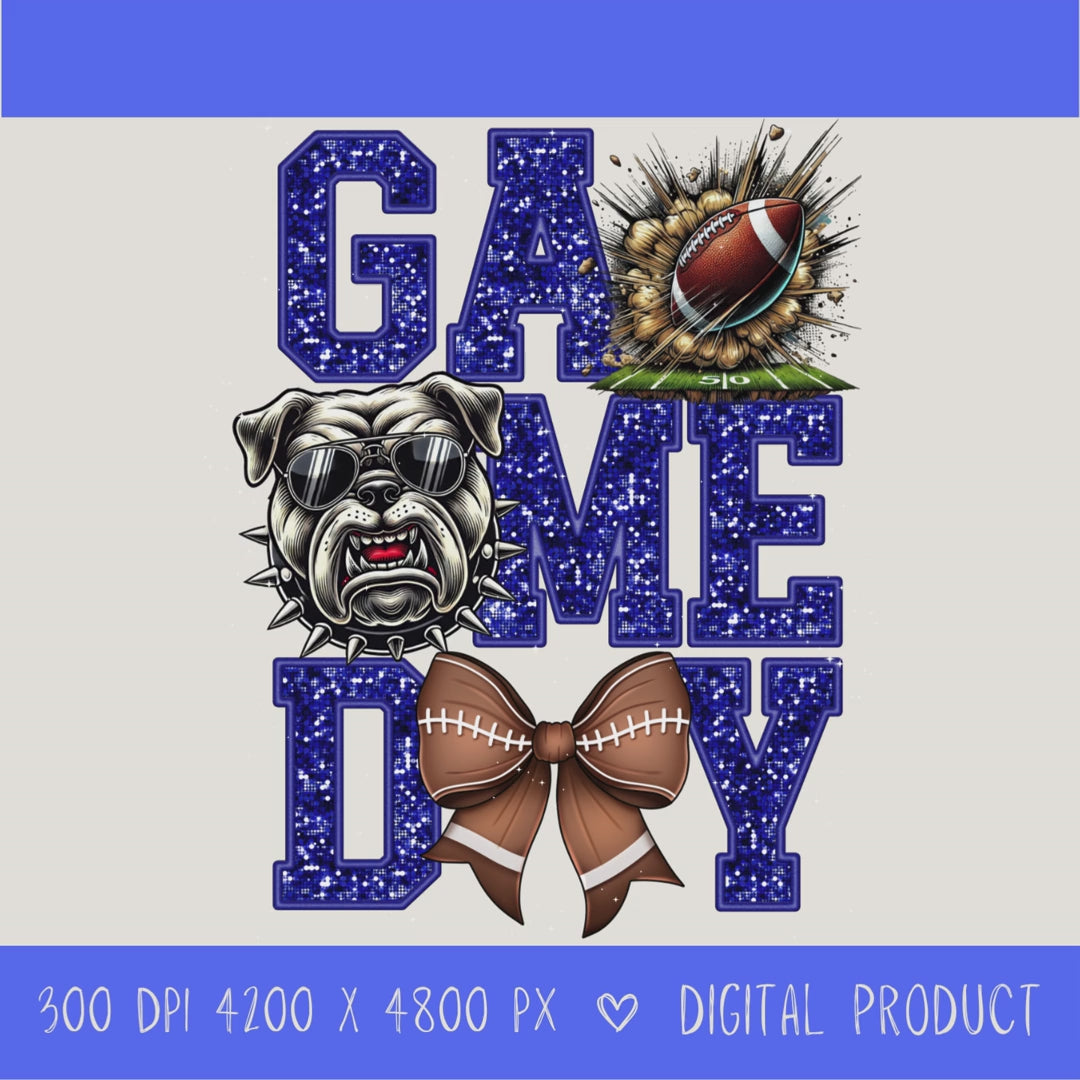 High-resolution Game Day Bulldogs football PNG digital download with transparent background, Blue glitter varsity lettering, football graphic, pirate mascot, football bow, 4200 x 4800 pixels, and 300 DPI for sublimation and printable crafts.