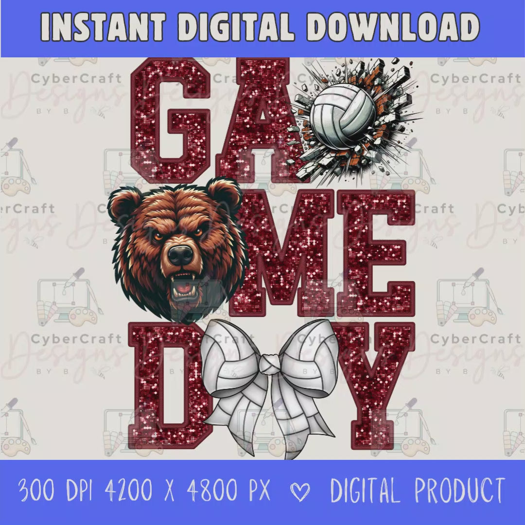 High-resolution Game Day Bears volleyball PNG digital download with transparent background, maroon glitter varsity lettering, volleyball graphic, bears mascot, volleyball bow, 4200 x 4800 pixels, and 300 DPI for sublimation and printable crafts.