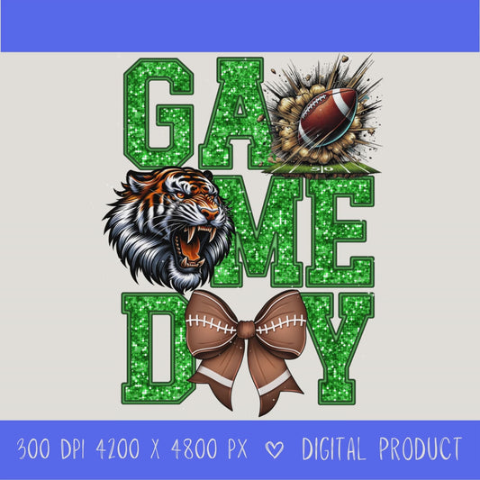 High-resolution Game Day Warrior football PNG digital download with transparent background, green glitter varsity lettering, football graphic, pirate mascot, football bow, 4200 x 4800 pixels, and 300 DPI for sublimation and printable crafts.